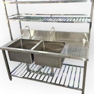 Chậu Rửa Công Nghiệp 2 Học Có Bàn Thao Tác , Kệ Dưới và Kệ 2 Tầng Trên CR04304